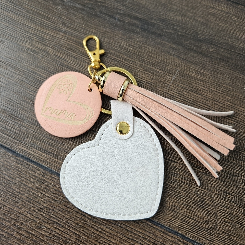 NEW White + Pink Heart Bag Charm/Keychain with Tassel